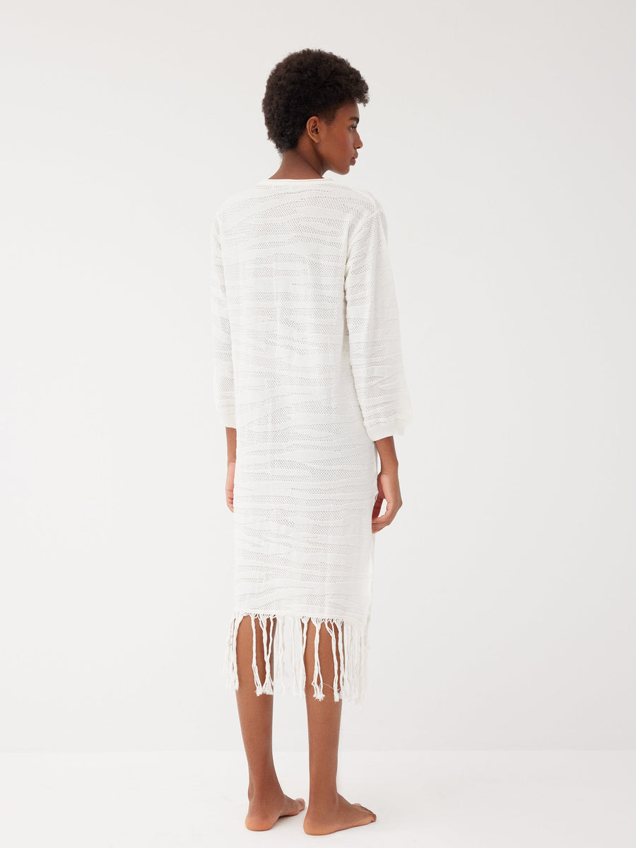 Margi Ecru Cotton Textured Fringe Dress