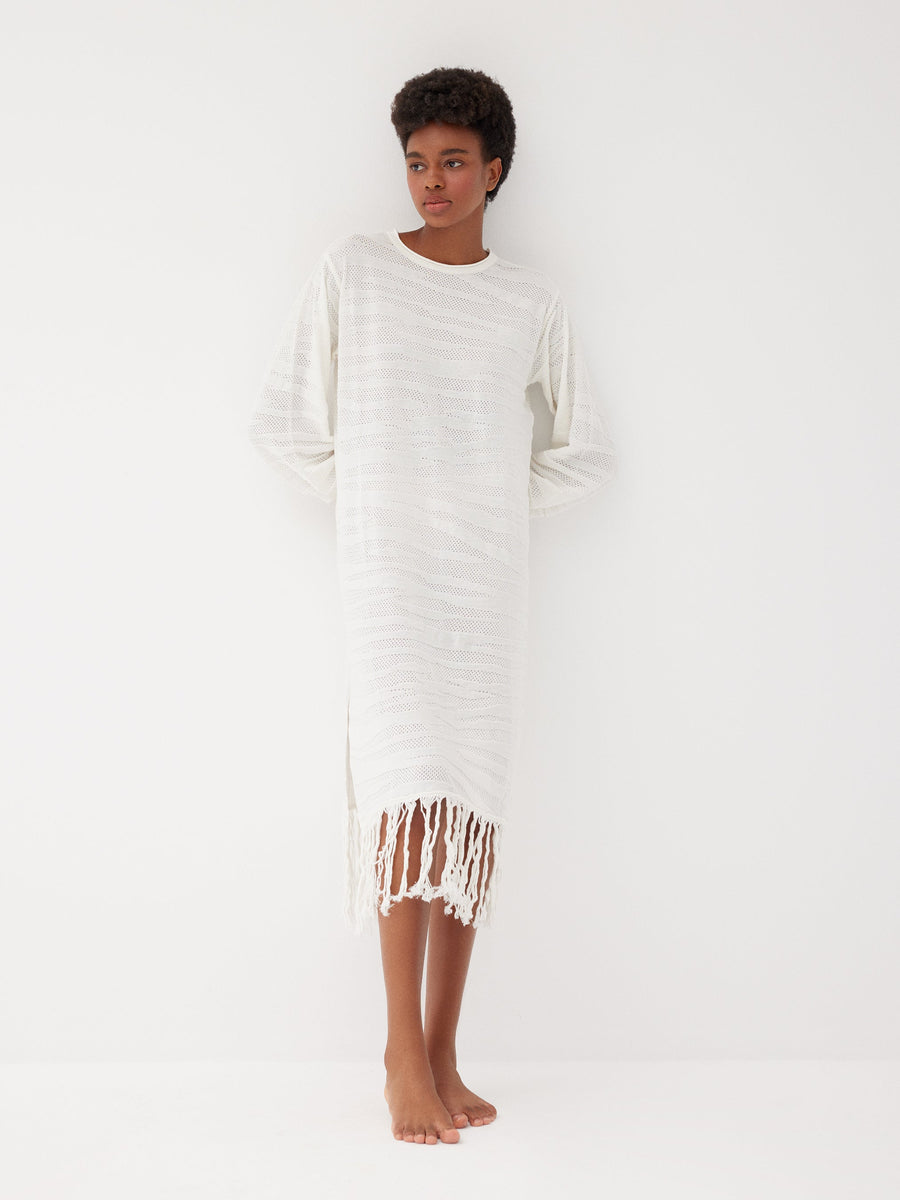 Margi Ecru Cotton Textured Fringe Dress