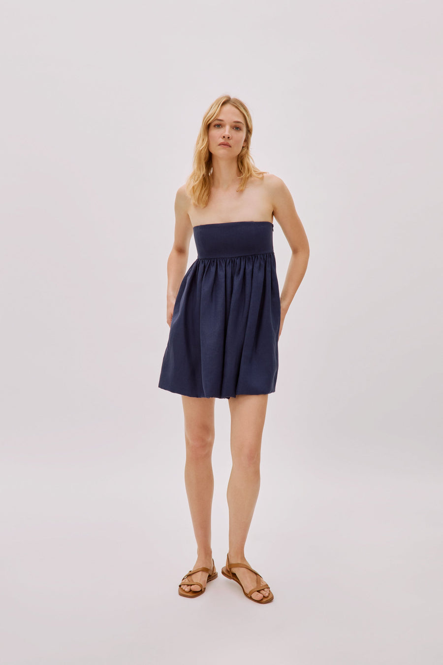 Mykonos Navy Linen Strapless Dress