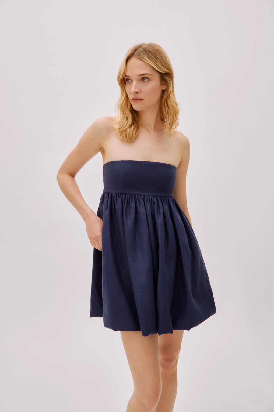 Mykonos Navy Linen Strapless Dress