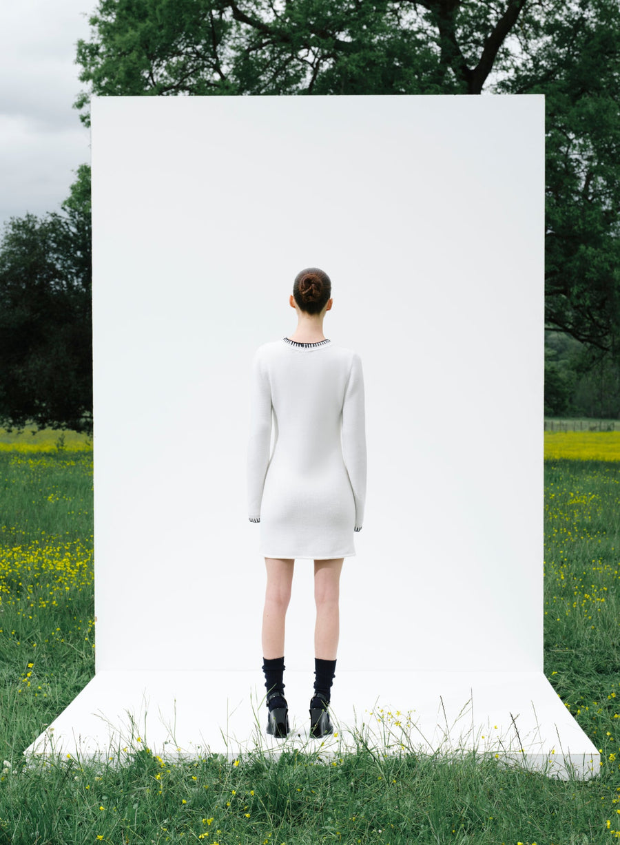 Scarlett Off-White Contrast Stitch Wool Mini Dress