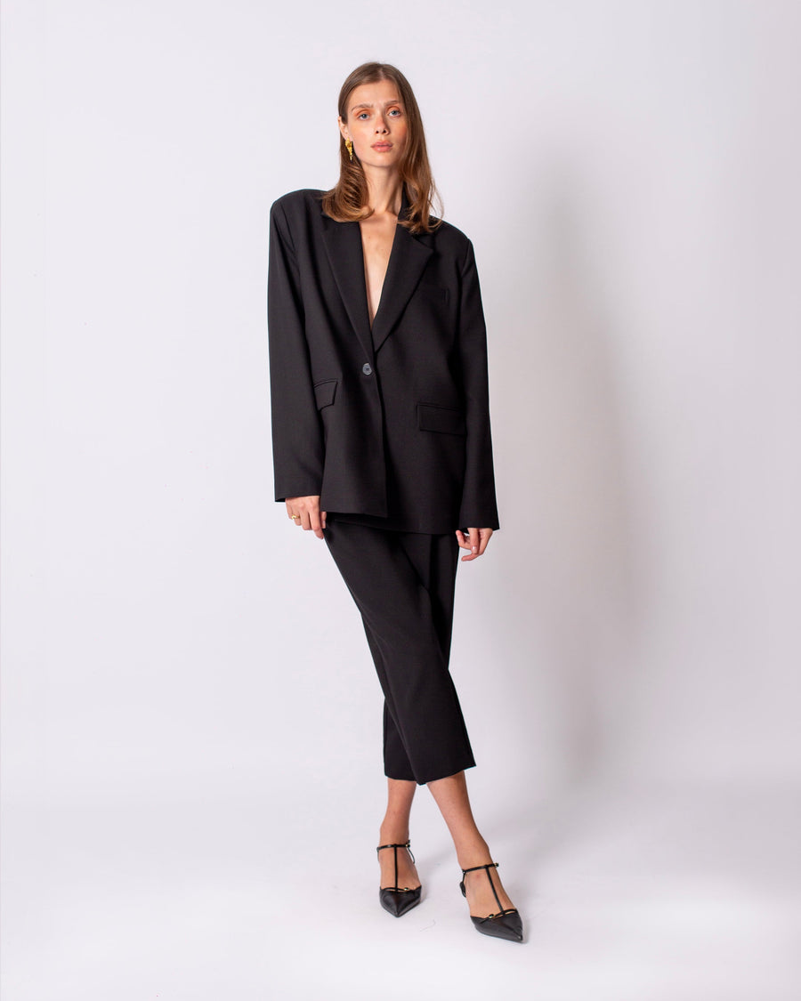 One Button Front Jacket-Pilated Trousers Set Black
