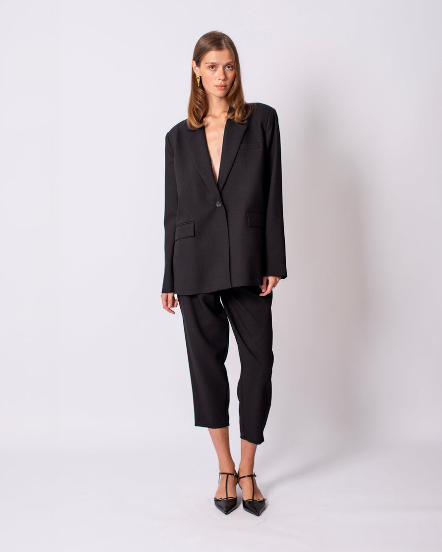 One Button Front Jacket-Pilated Trousers Set Black