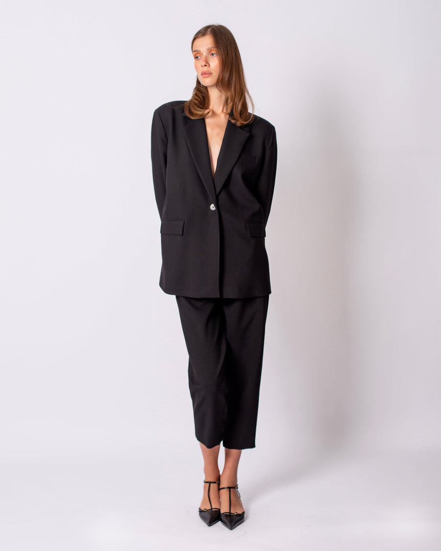 One Button Front Jacket-Pilated Trousers Set Black