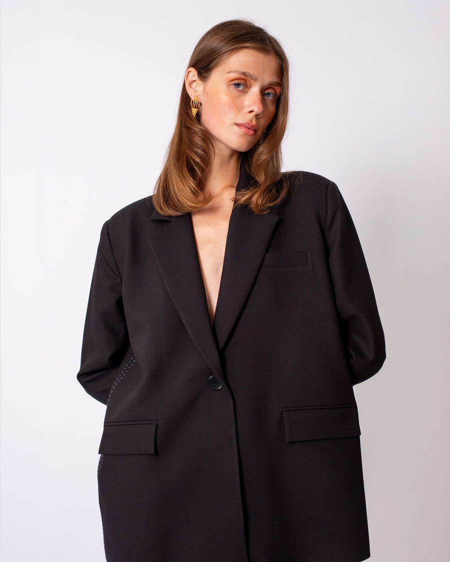 One Button Front Jacket-Pilated Trousers Set Black