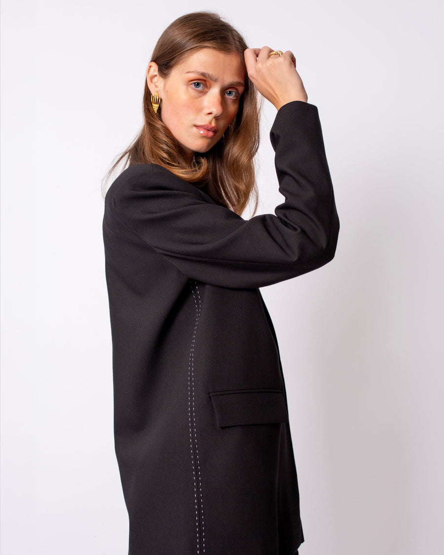 One Button Front Jacket-Pilated Trousers Set Black