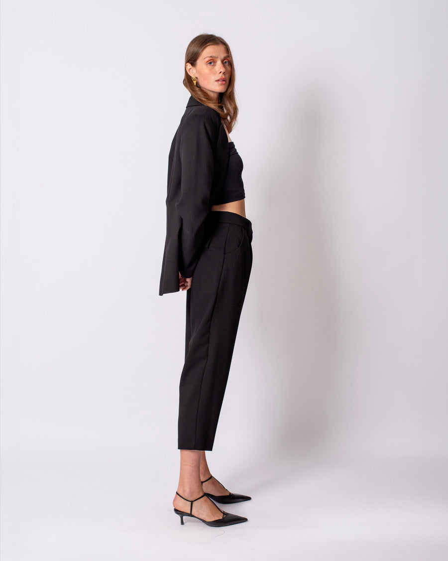 One Button Front Jacket-Pilated Trousers Set Black