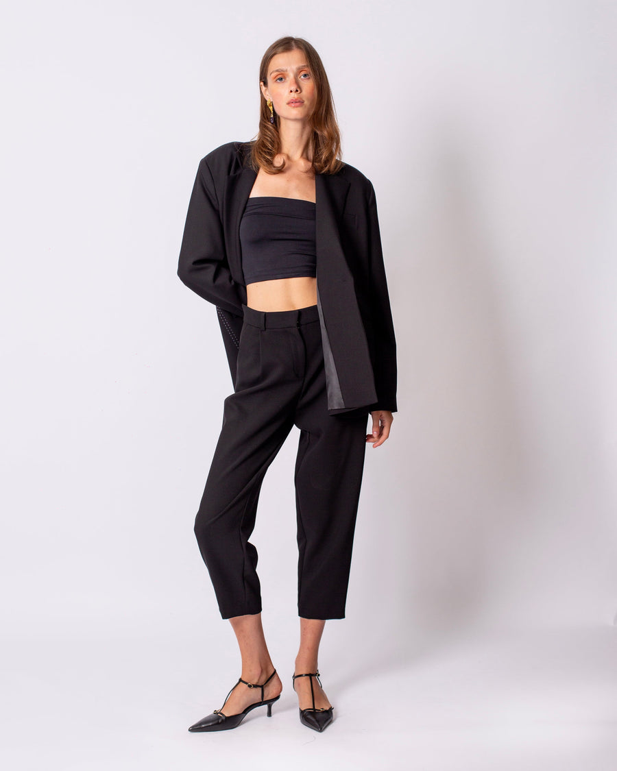 One Button Front Jacket-Pilated Trousers Set Black