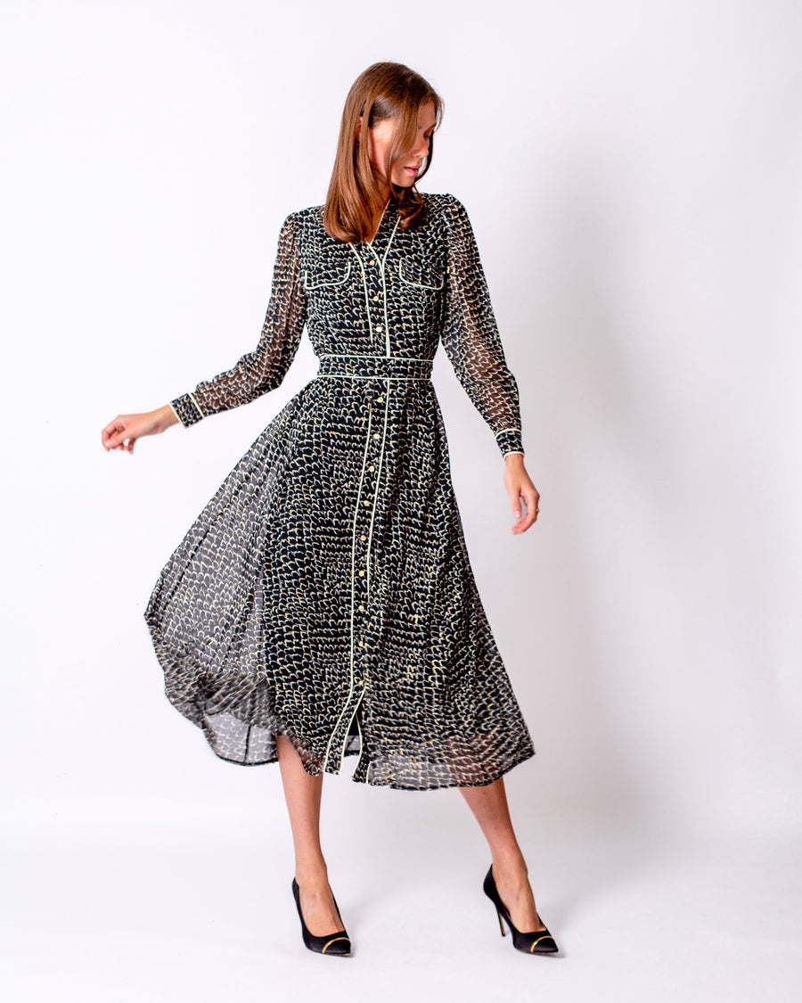Pocket Detailed Front Buttoned Belted Midi Dress Black