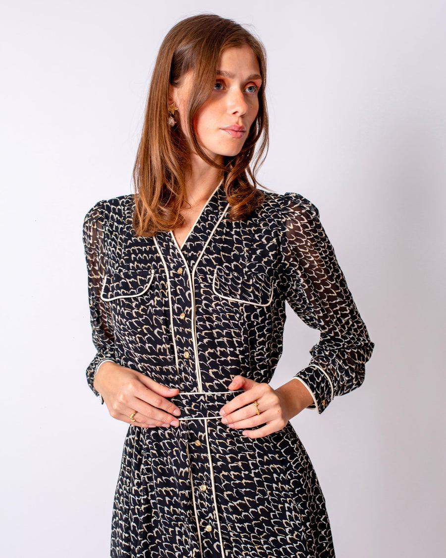 Pocket Detailed Front Buttoned Belted Midi Dress Black