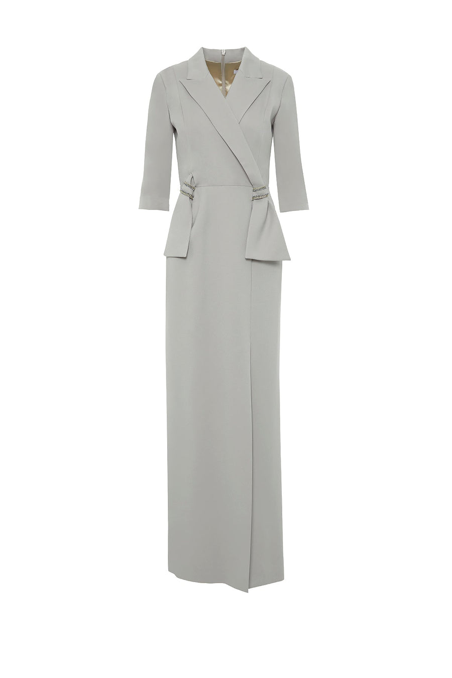Gray Long Dress With Elegant Collar Detail Embroidered Neckline Wadding Fınal Item - Porterist 1