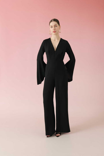 Flared Sleeve V-Neck Jumpsuit Black