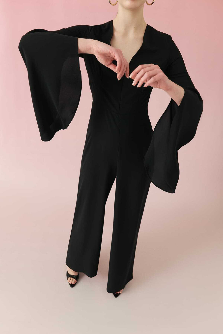 Flared Sleeve V-Neck Jumpsuit Black