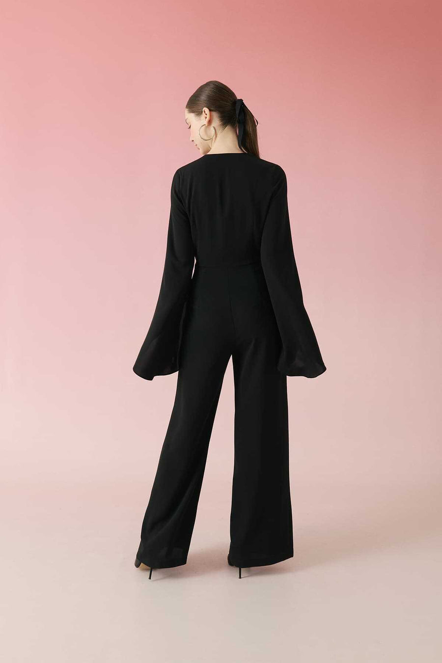 Flared Sleeve V-Neck Jumpsuit Black