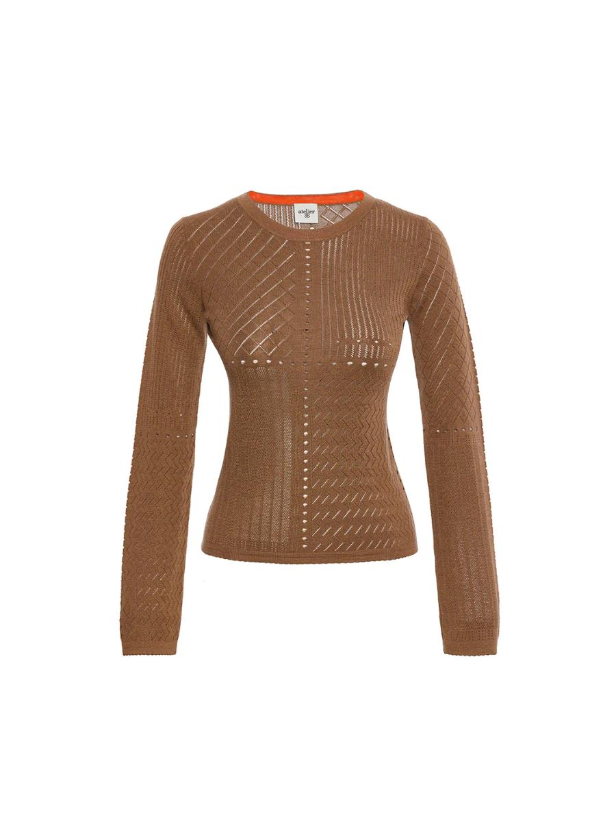 Wool & Silk Martha Openwork Crew - neck Brown Sweater