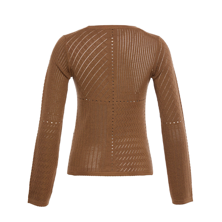 Wool & Silk Martha Openwork Crew - neck Brown Sweater