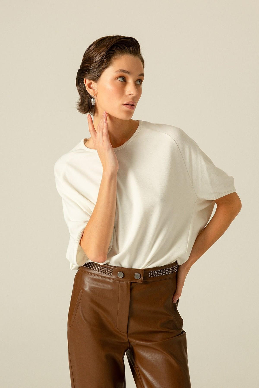 Brown Faux Leather Pants With Metal Accessories | Porterist