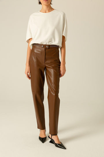 Brown Faux Leather Pants With Metal Accessories | Porterist