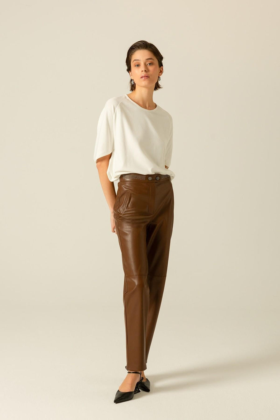 Brown Faux Leather Pants With Metal Accessories | Porterist