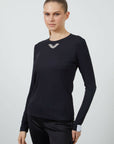 Sleeve End Label Detailed Collar Black Blouse with Stone