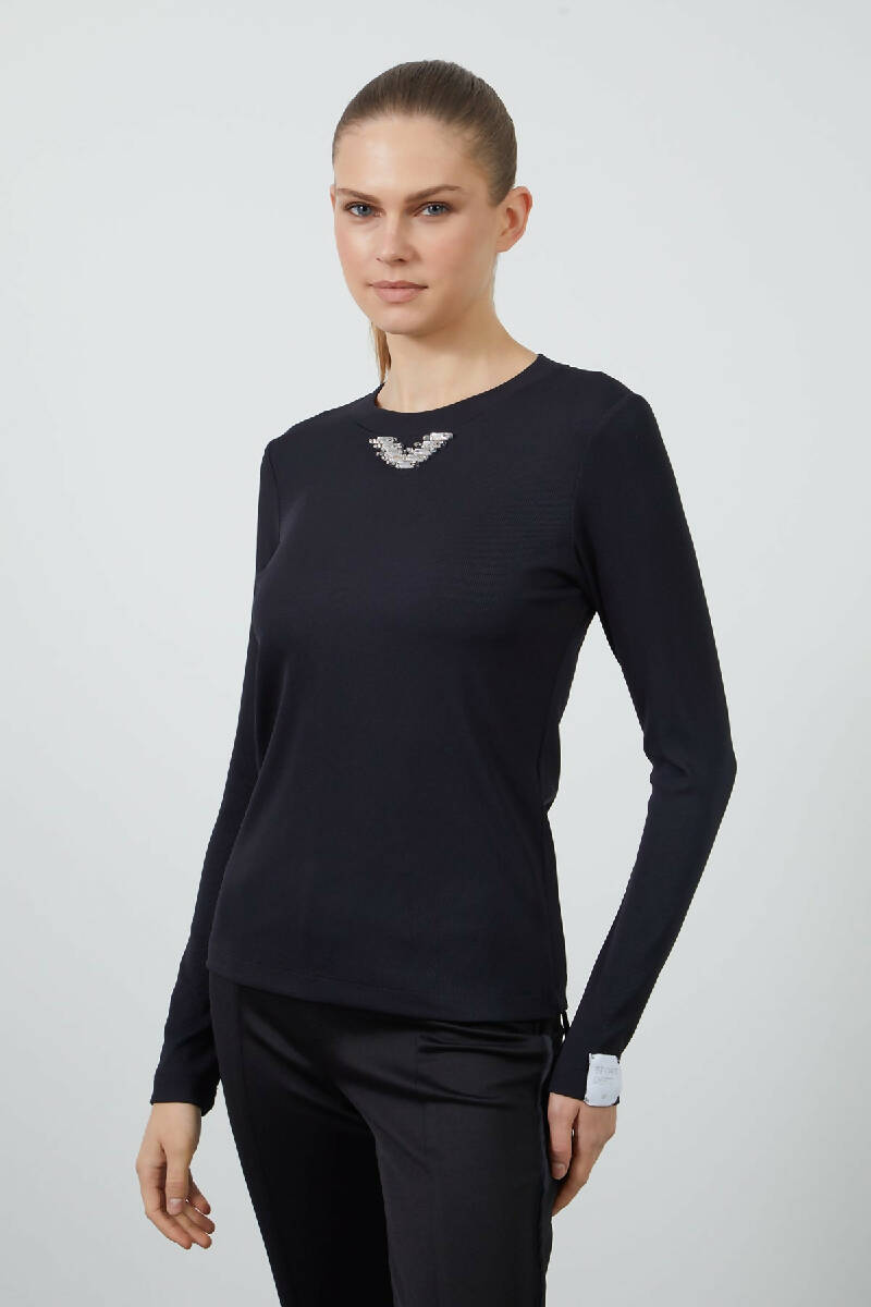 Sleeve End Label Detailed Collar Black Blouse with Stone