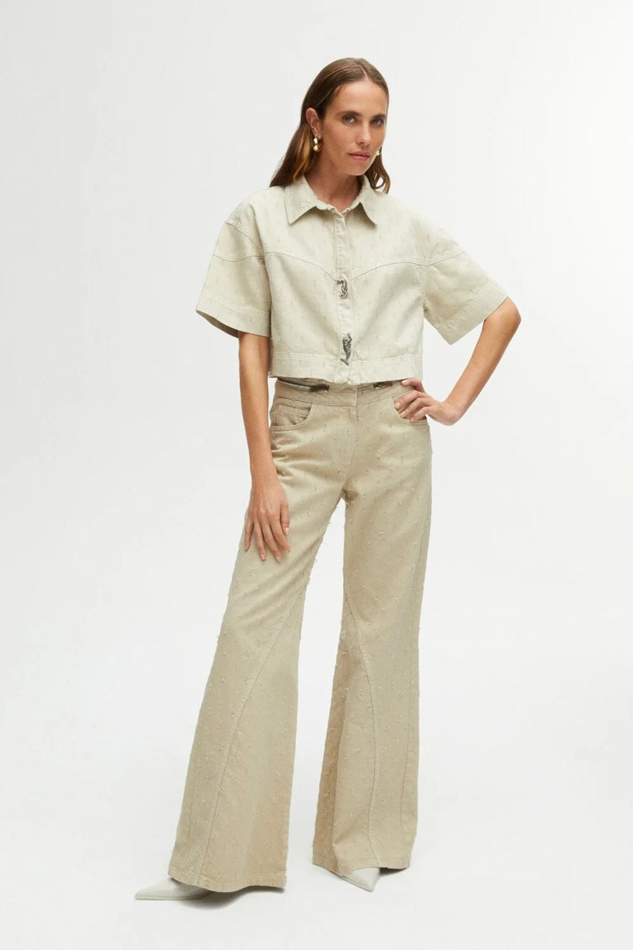 Green Wide Leg Jeans with Zipper Detail at Waist