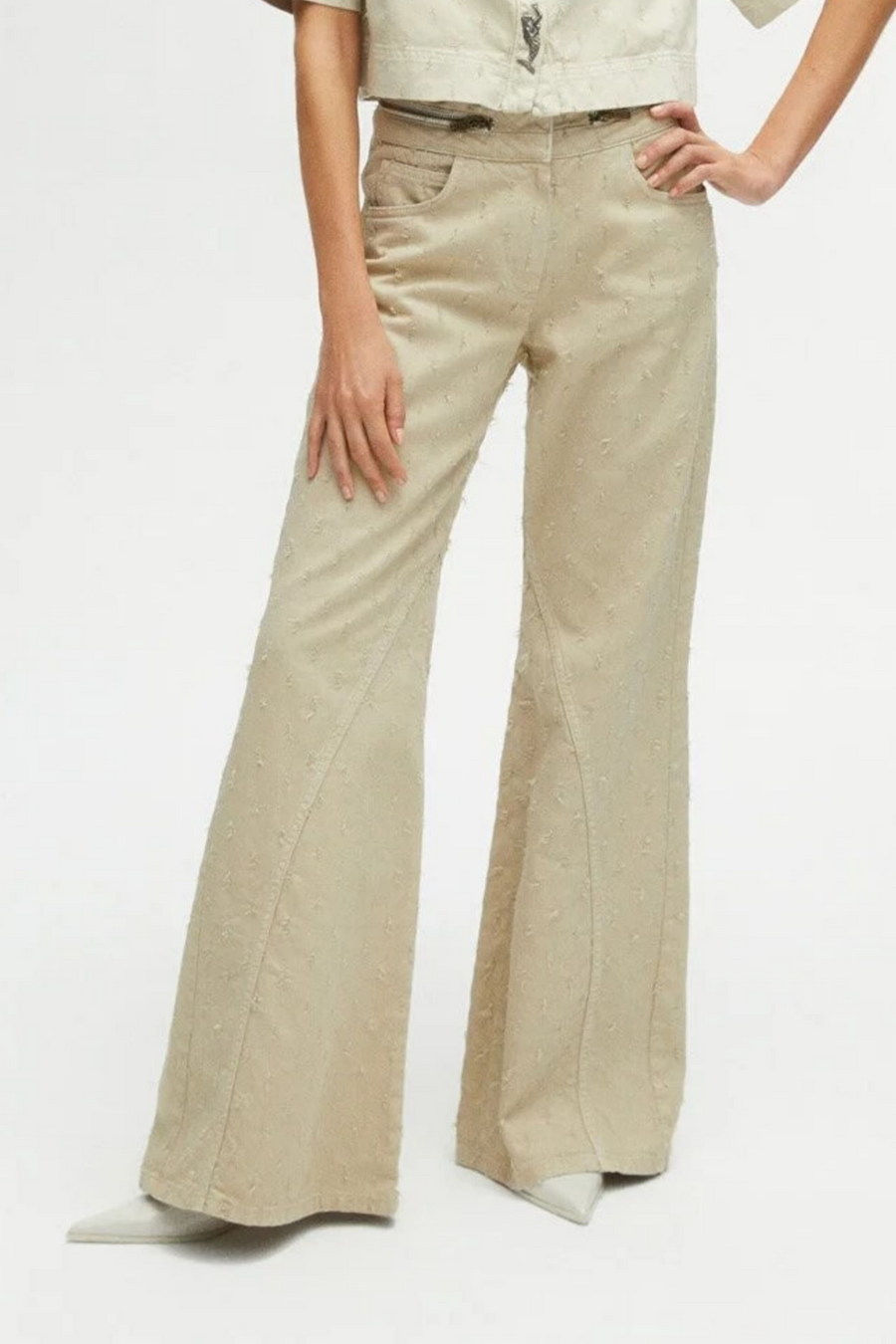 Green Wide Leg Jeans with Zipper Detail at Waist