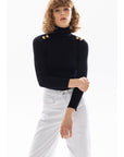 Shoulder Button Detailed Turtleneck Sweater - Black