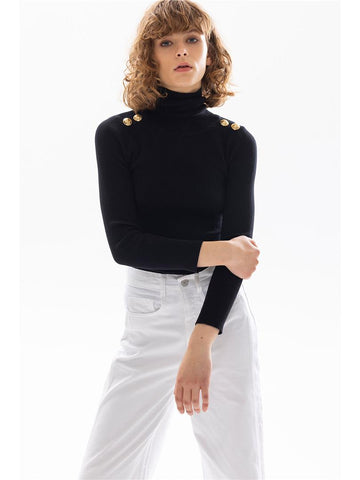 Shoulder Button Detailed Turtleneck Sweater - Black