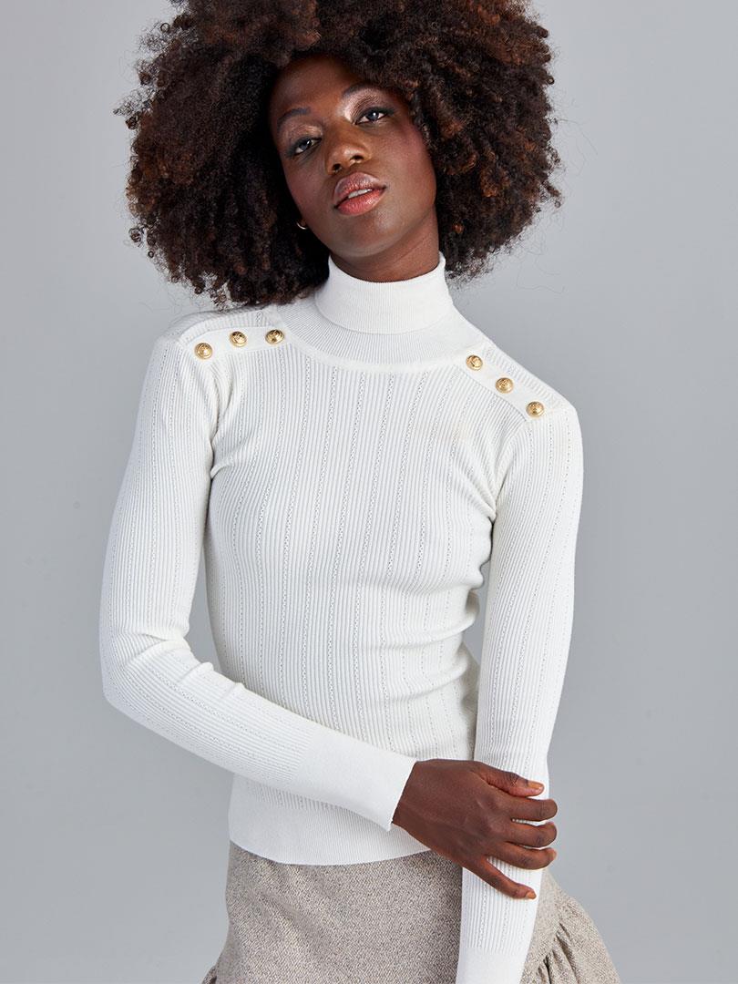 Shoulder Button Detailed Turtleneck Sweater - Ecru