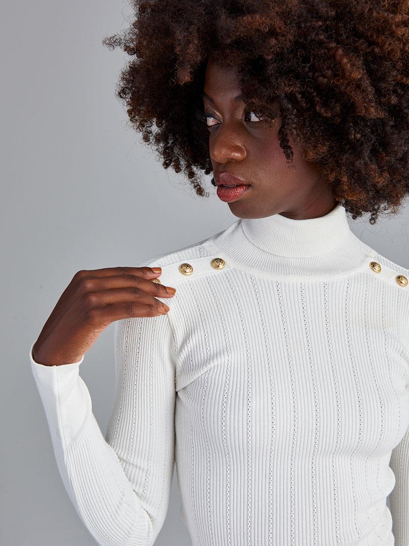 Shoulder Button Detailed Turtleneck Sweater - Ecru