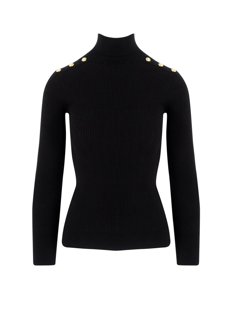 Shoulder Button Detailed Turtleneck Sweater - Black