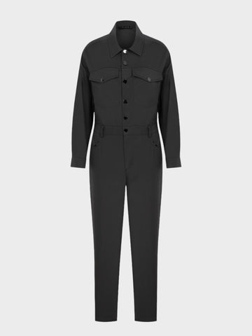 Long Sleeve Canvas Jumpsuit with Metal Snaps on Front - Anthracite