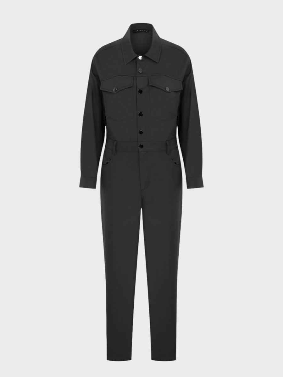 Long Sleeve Canvas Jumpsuit with Metal Snaps on Front - Anthracite