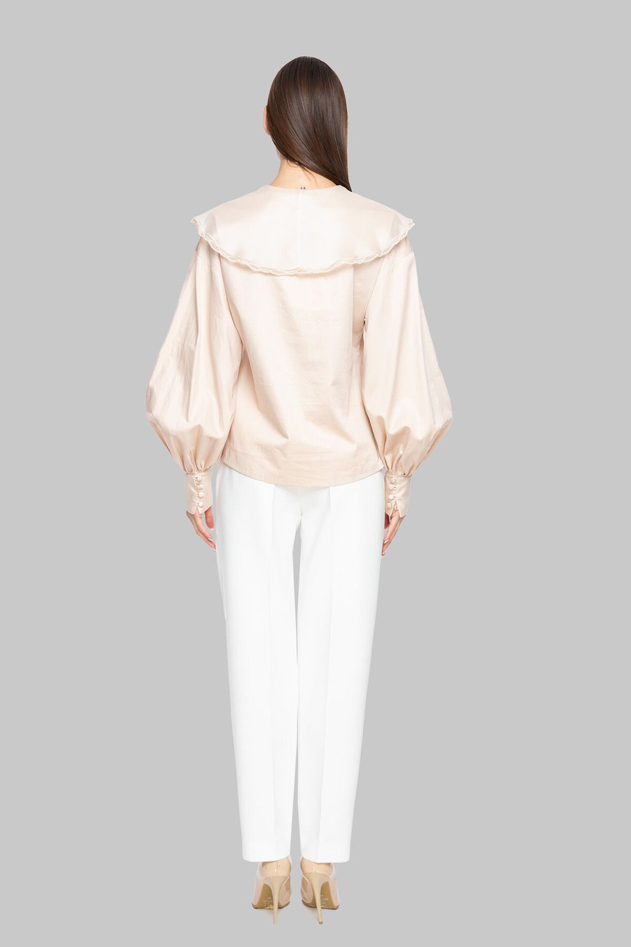 Organza Flared Collar Embroidered And Lace Beige Blouse Fınal Item - Porterist 3