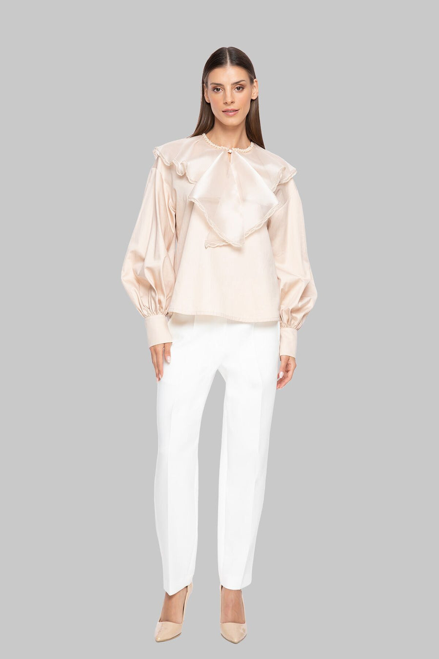 Organza Flared Collar Embroidered And Lace Beige Blouse Fınal Item - Porterist 1