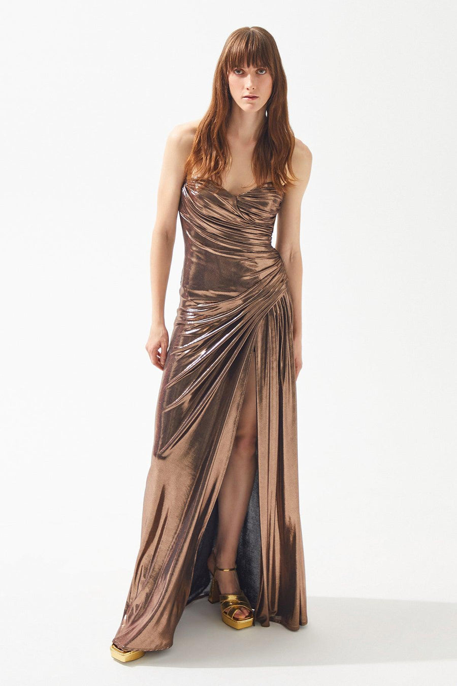 Copper Shiny Strapless Draped Slit Long Dress Fınal Item - Porterist 3