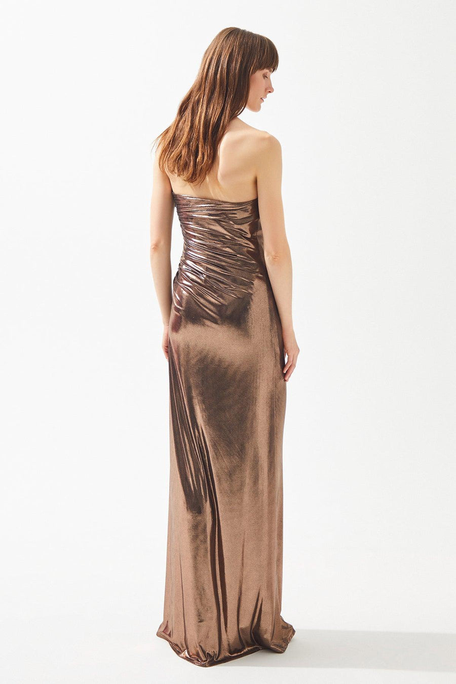 Copper Shiny Strapless Draped Slit Long Dress Fınal Item - Porterist 4