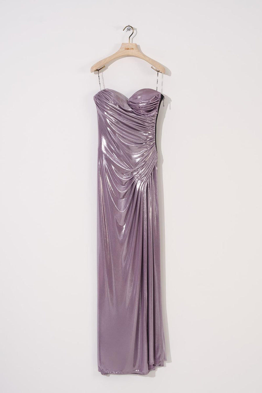 Lilac Shiny Strapless Draped Slit Long Dress | Porterist