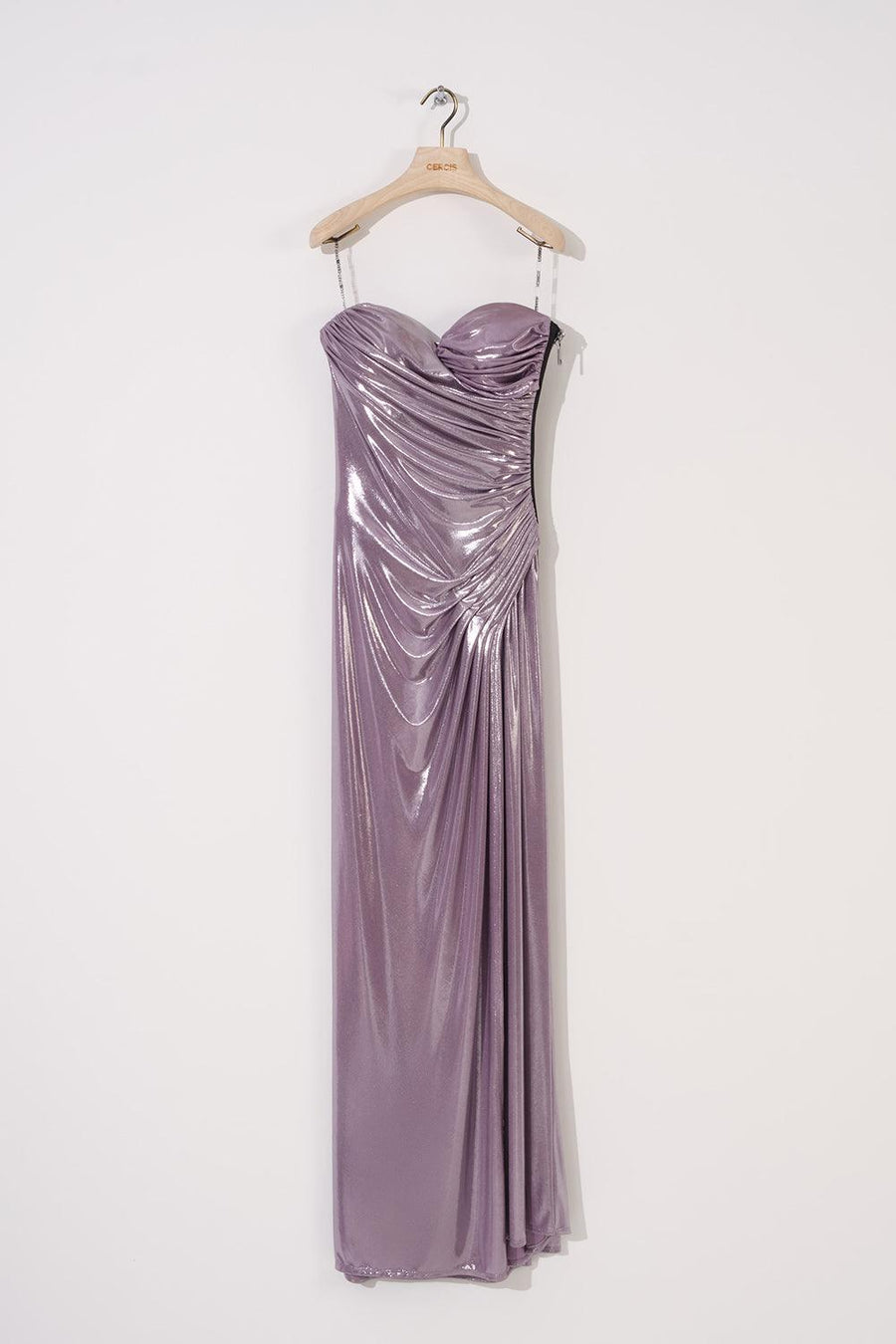 Lilac Shiny Strapless Draped Slit Long Dress Fınal Item - Porterist 1