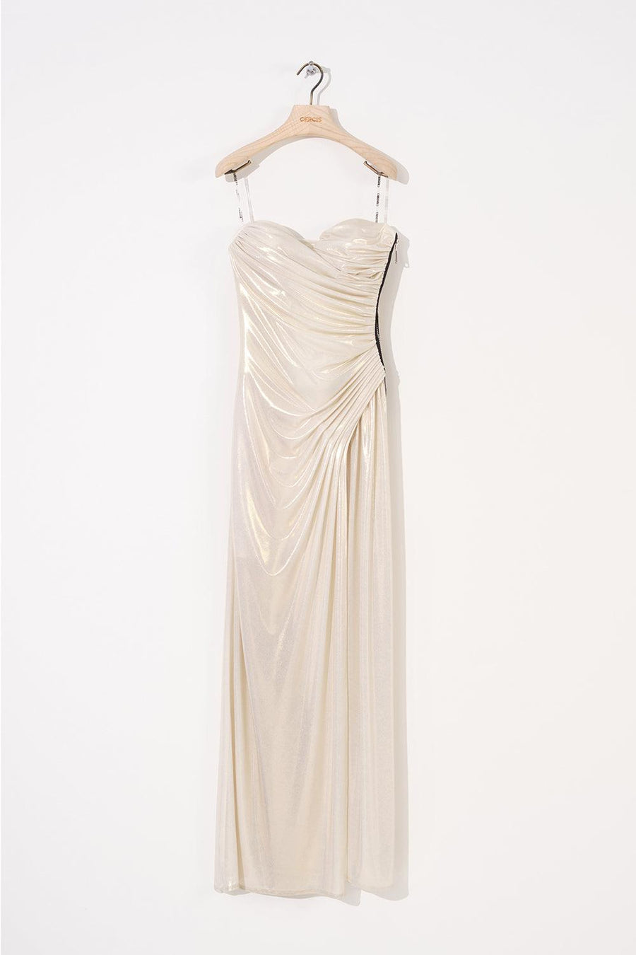 Ecru Shiny Strapless Draped Slit Long Dress | Porterist