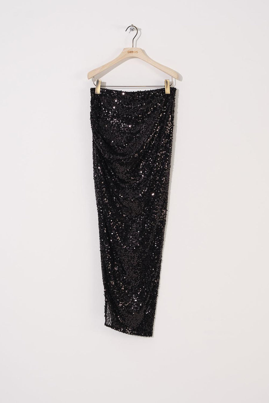 Black Sequined Elasticated Waist Skirt With Deep Slit