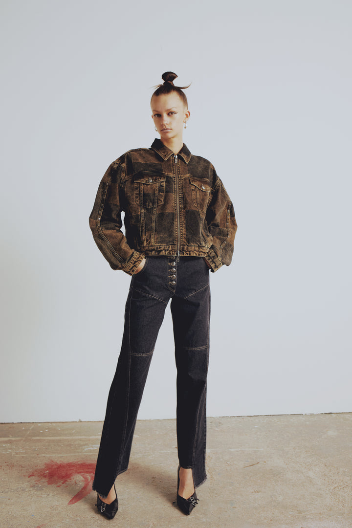 Brown Denim Jacket with Zipper Front and Buttoned Chest Pockets