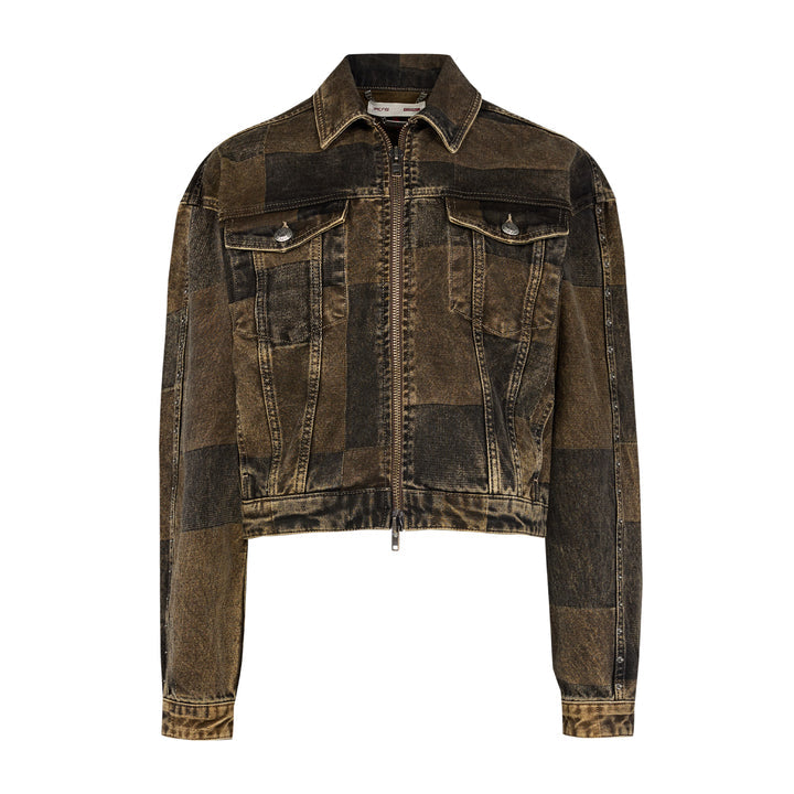 Brown Denim Jacket with Zipper Front and Buttoned Chest Pockets