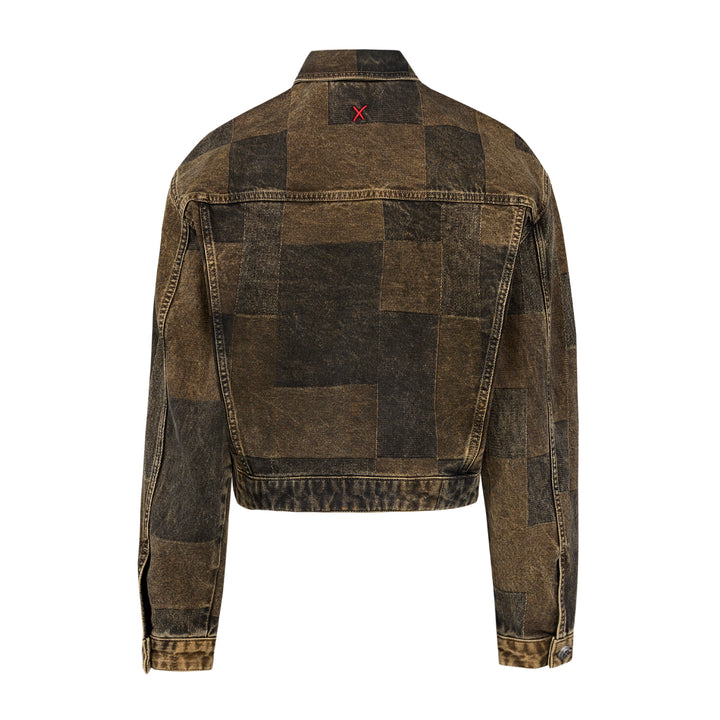 Brown Denim Jacket with Zipper Front and Buttoned Chest Pockets