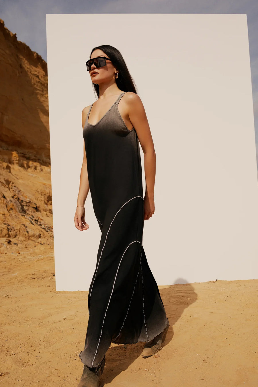 Free Heaven  Acid Wash Long Dress - Jet Black