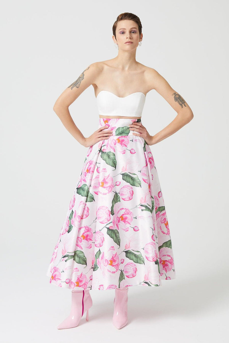 Pink Rose Patterned Mid Length Flared Skirt With Wide