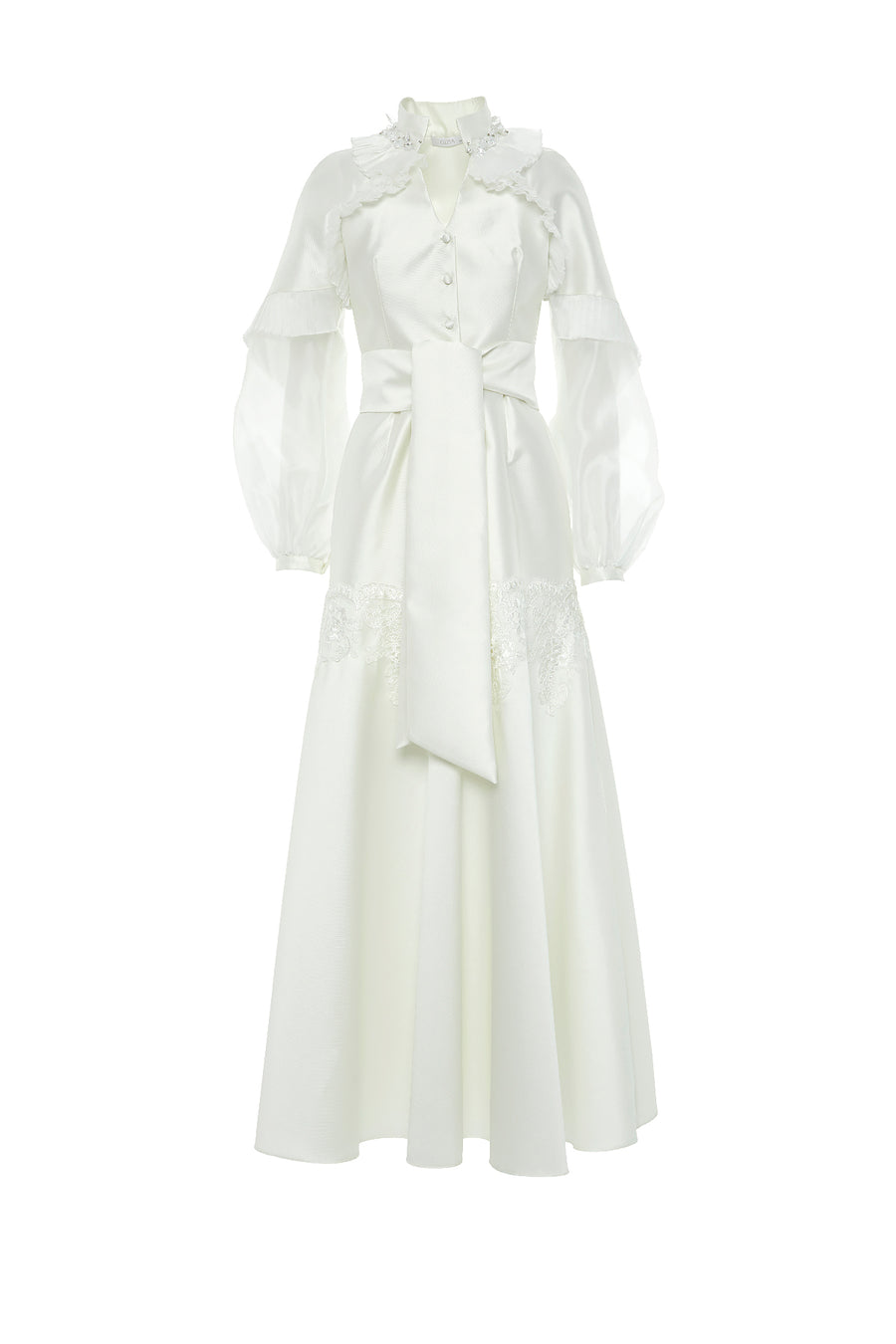 Ecru Long Dress With Pleated Details And Embroidered Collar Fınal Item - Porterist 1