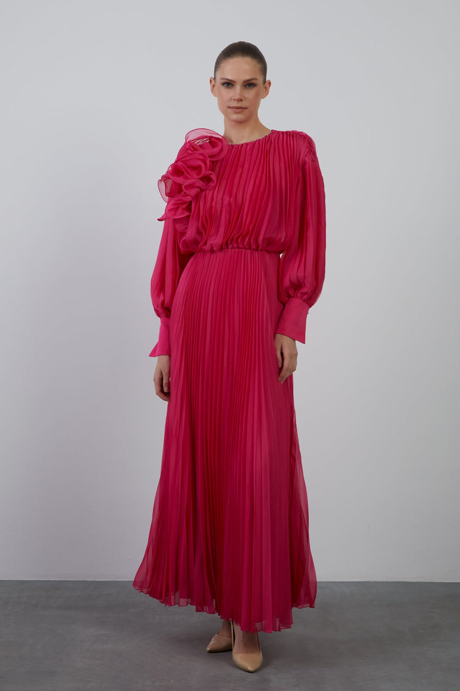 Pleated Long Pink Evening Dress Fınal Item - Porterist 1