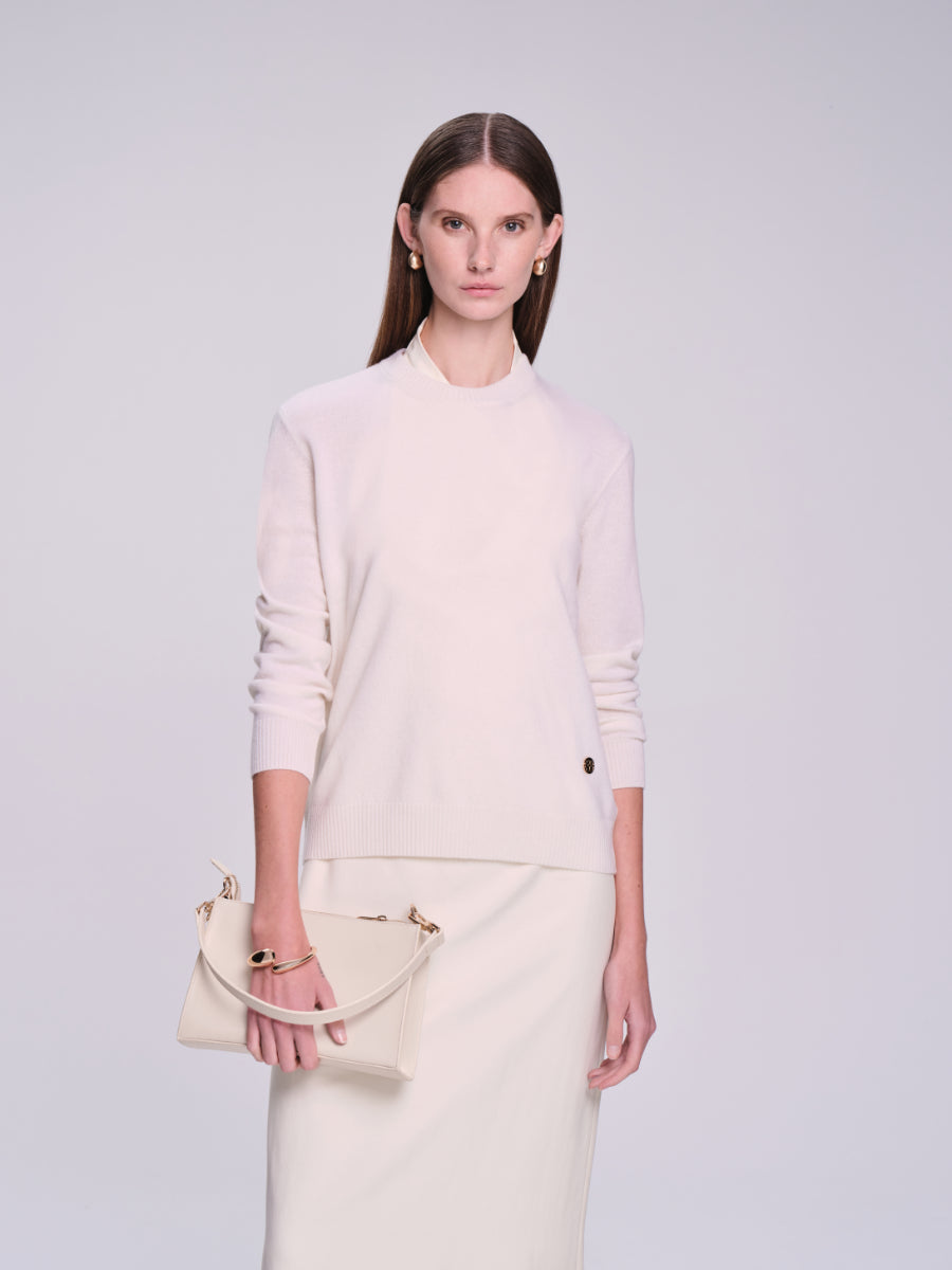 %100 Premium Italian Cashmere Long Sleeve Crew Neck Ecru Knitwear